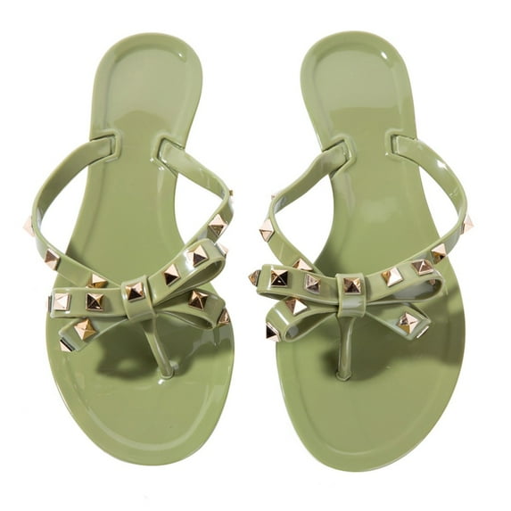 Women Jelly flip Flop Bow Sandals-Beach Flat Rivets Rain Ankle Strap Thong Nude