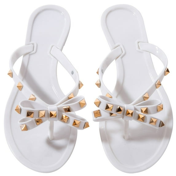 Women Jelly flip Flop Bow Sandals-Beach Flat Rivets Rain Ankle Strap Thong Nude