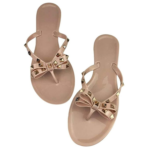 Women Jelly flip Flop Bow Sandals-Beach Flat Rivets Rain Ankle Strap Thong Nude