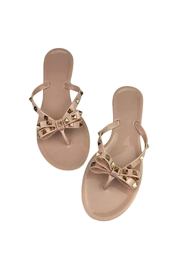 Women Jelly flip Flop Bow Sandals-Beach Flat Rivets Rain Ankle Strap Thong Nude