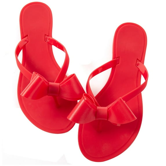 Women Jelly flip Flop Bow Sandals-Beach Flat Rivets Rain Ankle Strap Thong Red