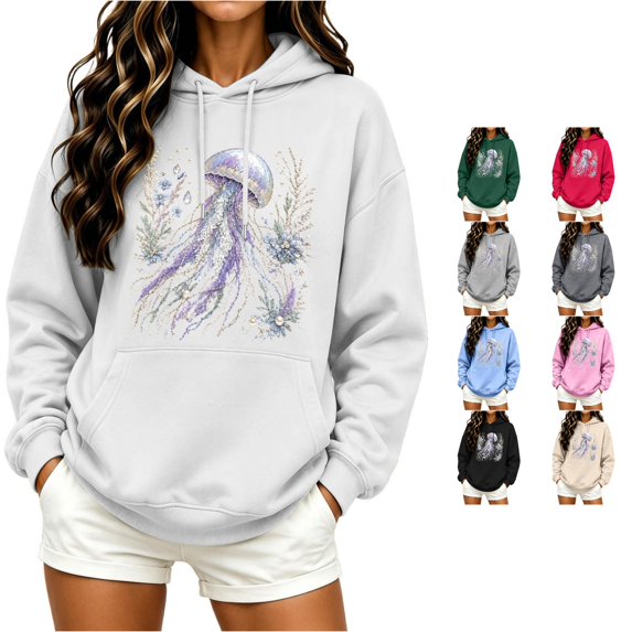 Women Jellyfish Floral Graphic Hoodie Drawstring Casual Ocean Theme Pullover