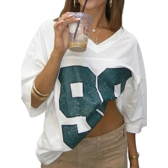 Women Jersey T-shirt, Number Grunge Graphic V Neck Short Sleeve Tee Summer Oversized Shirt Y2K Streetwear