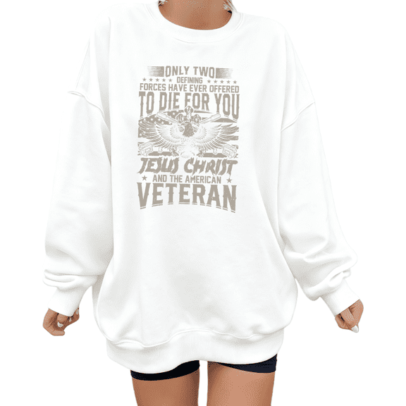 Women Jesus And American Veteran Graphic Tee Christian Religious T Shirt Top Relaxed Fit Round-neck long-sleeved white S-3XL