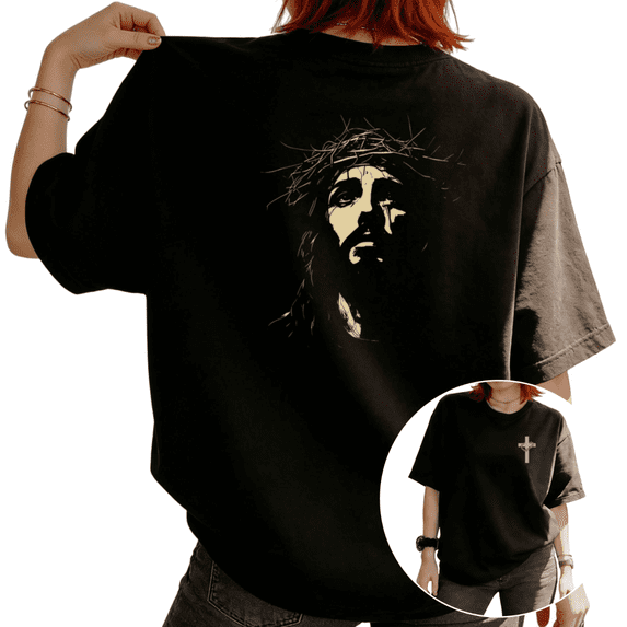 Women Jesus Crown Of Thorns Back Print Graphic Tees T Shirt Tops Round neck Printed Cotton Washed T Shirt Black S-5XL