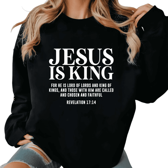 Women Jesus Is King Graphic Tee Christian Religious T Shirt Top Revelation 17 14 Durable Daily Wear Apparel Round-neck long-sleeved Black S-3XL