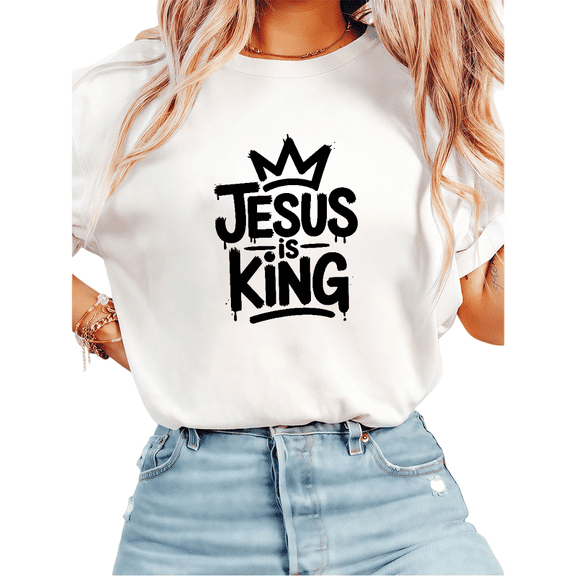 Women Jesus Is King Graphic Tee Christian Religious T Shirt Top Stretchy Daily Wear Short Sleeve Round Neck White S-5XL
