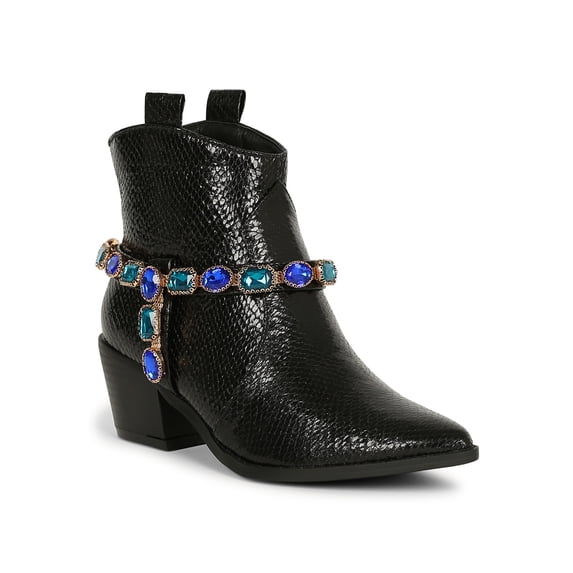 Women Jeweled Pointy Toe Chunky Stacked Heel Ankle Bootie 19558