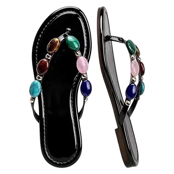 Women Jewelled Flip Flops Thong Strap Open Round Toe Comfy on Flats Sandals Casual Summer Beach Slippers