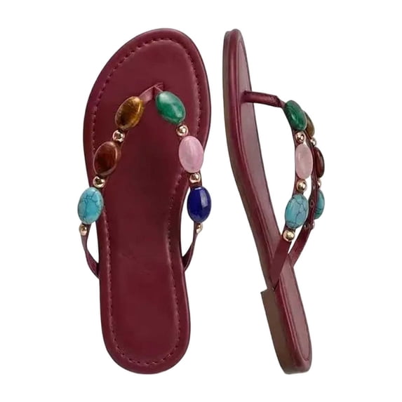 Women Jewelled Flip Flops Thong Strap Open Round Toe Comfy on Flats Sandals Casual Summer Beach Slippers