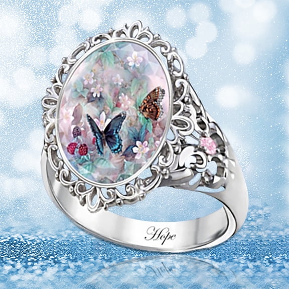 Women Jewelry Accessory Elegant Decoration Oval Cut Enamel Flower Butterfly Ring for Party