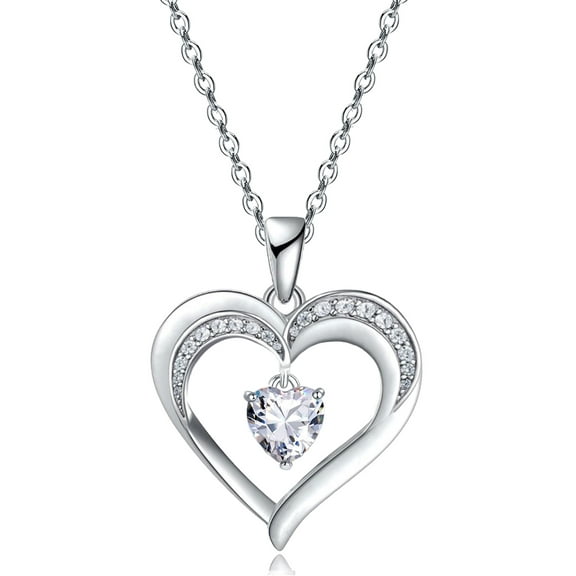 Women Jewelry Gift 18k White Gold Plated CZ Diamond Love Heart Pendant Necklace