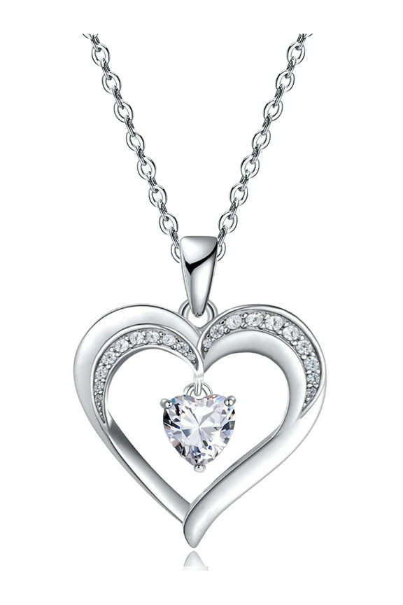 Women Jewelry Gift 18k White Gold Plated CZ Diamond Love Heart Pendant Necklace