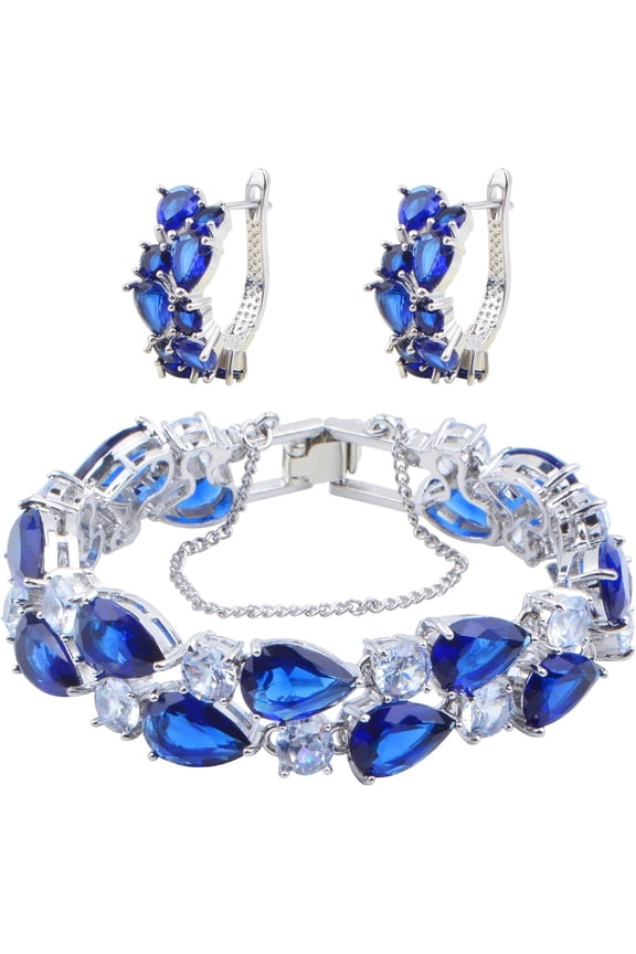 Women Jewelry Set, Platinum Plated Cubic Zirconia Blue Rhinestone Bracelet Open Ring Earrings Birthday Wedding Mothers Day Jewelry Gifts for Women