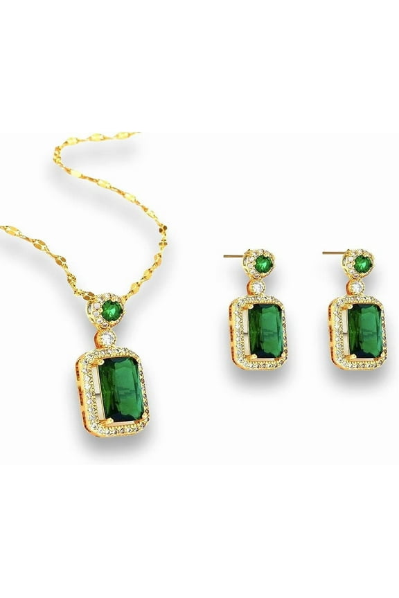 Women Jewelry Set Rhinestone Zircon Emerald Pendant Necklaces & Earrings Set