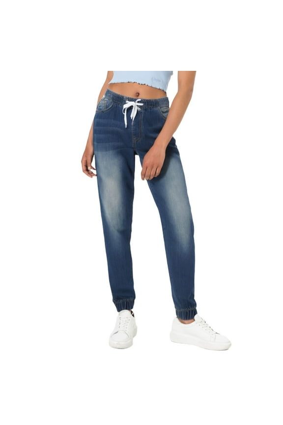 Women Jogger Jeans Elastic Waist Drawstring Denim Pants Relaxed Fit Cuffed Hem Stretch Waistband Casual Trousers Dark Blue 2XL