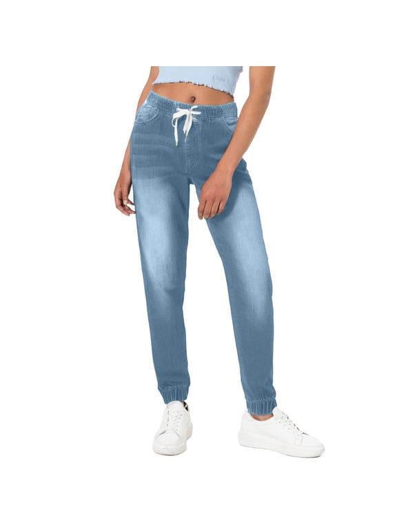 Women Jogger Jeans Elastic Waist Drawstring Denim Pants Relaxed Fit Cuffed Hem Stretch Waistband Casual Trousers Light Blue M