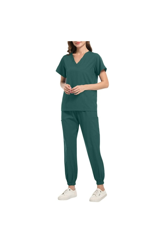 Women Jogger Scrub Sets 2 Pieces 2026 Spring Summer V-Neck Scrub Top and Jogger Pants Quick Dry Nursing Scrubs Set Stretch Medical Uniform Suits with Pockets Dark Green L
