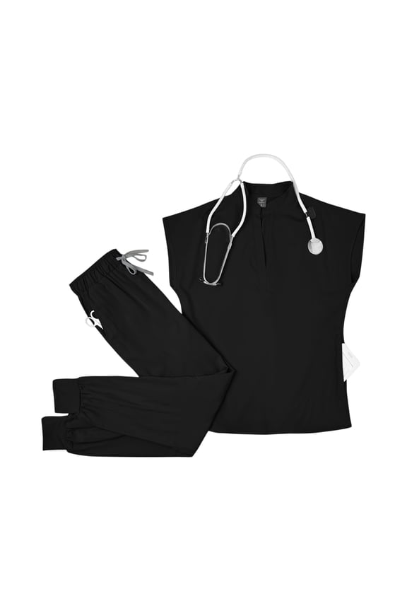 Women Jogger Scrub Sets 2 Pieces Comfortable V-Neck Scrub Top & Drawstring Jogger Scrub Pants Stretch Nursing Scrubs Set Quick Dry Uniform Suits with Multi Pocket for Doctors, Nurses Black S