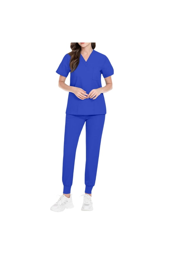 Women Jogger Scrub Sets 2 Pieces Spring Summer V-Neck Scrub Top and Jogger Pants Stretch Nursing Workwear Quick Dry Medical Uniform Suits with Multi Pocket for Doctors, Nurses Royal Blue S