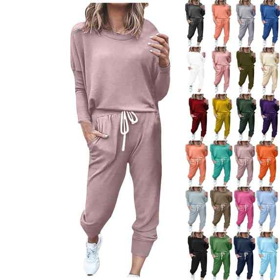Women Jogger Set Crew Neck Long Sleeve Pullover Tops Sports Pants Drawstring Soft Casual Loungewear Tracksuit Outfit Fall Pullover Long Sleeve Outfits XL