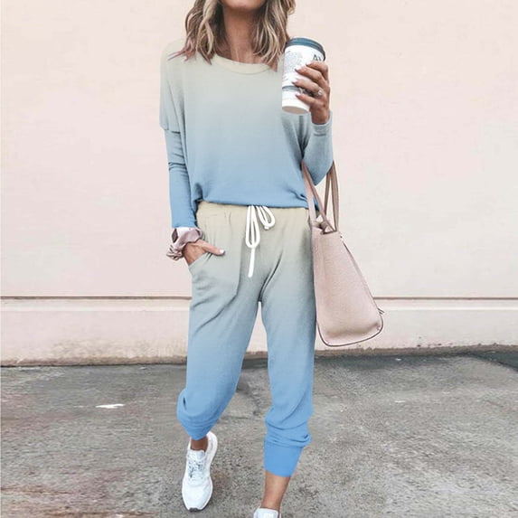 Women Jogger Travel Sets 2 Piece Gradient Causal Sweatsuits Pullover Tops with Sports Pants Soft Comfy Loungewear Outfits Sky Blue S