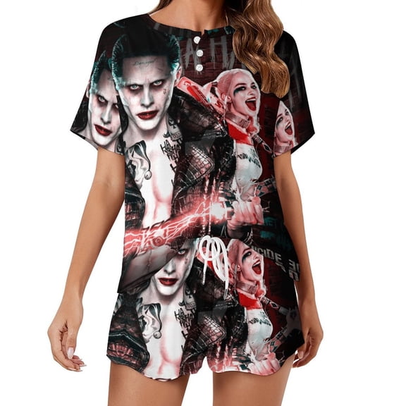 Women Joker Harley Quinn Summer Pajamas Set Loungewear Sleepwear Short Sleeve Shirt With Shorts
