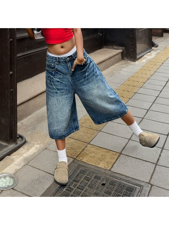 Women Jorts Baggy Jeans Jorts Streetwear Emo Grunge Y2K Denim Shorts (Dark Blue XL)