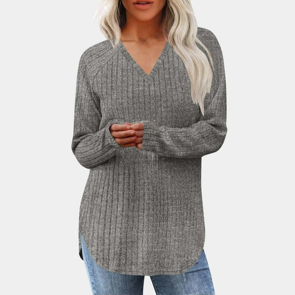 Women Jumpers Long Sleeve Tops Drawstring Button V Neck Casual Pullover Sweatshirt Spring Autumn Winter Tunic Clothes Gray L