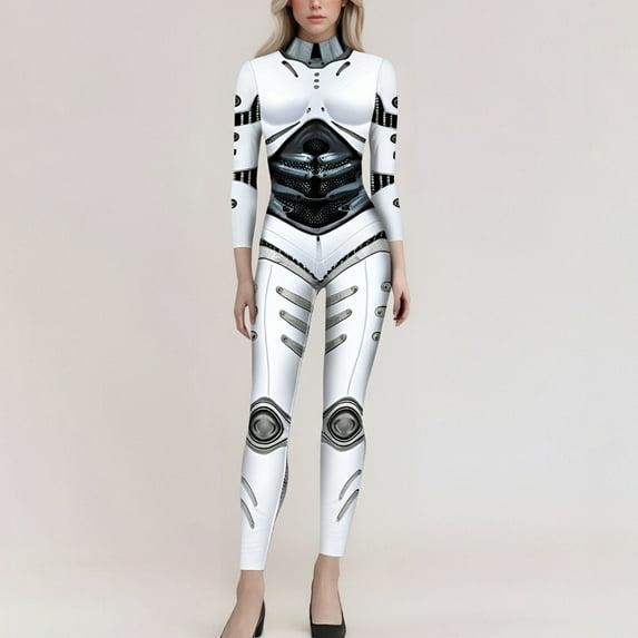Women Jumpsuit Carnival Clothes For Women Skeleton Robot 3D Printing Bodysuit Zipper Back Halloween Full Body Bodysuit Mardi Gras Light Gray M