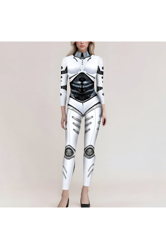 Women Jumpsuit Carnival Clothes For Women Skeleton Robot 3D Printing Bodysuit Zipper Back Halloween Full Body Bodysuit Mardi Gras Light Gray S