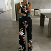 BSYOUFIER Women Jumpsuit Clearance Deals Women Rompers Sexy Metal Button Tank Top High Waist Wide Leg Jumpsuit Soild Color Jumpsuit , Overall Jumpsuit for Women , Black Overalls for Women Black L