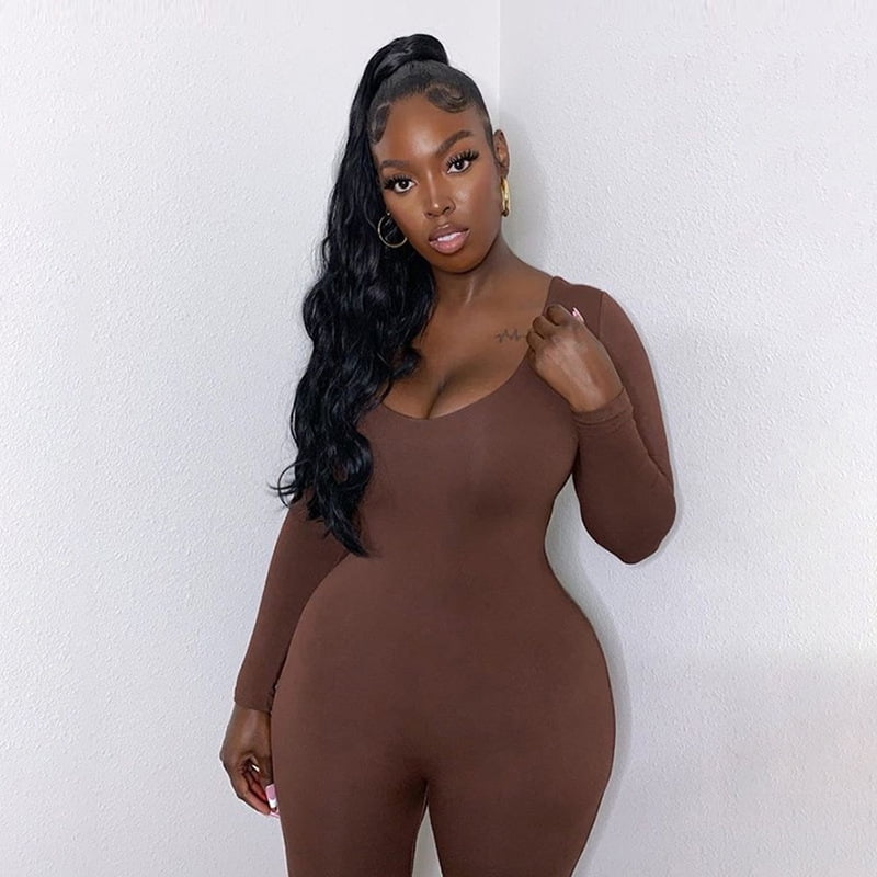 Women Jumpsuit Clothes Tight Long Sleeve High Waist Solid Color Sports