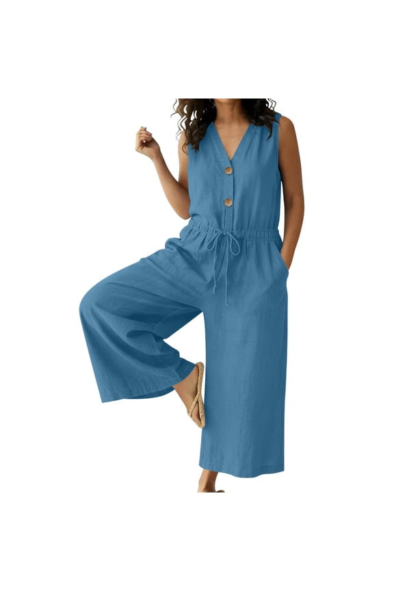 Women Jumpsuit Dressy Summer Romper Casual Wide Leg Sleeveless V Neck 2026 Elegant One Piece Cotton Linen Drawstring Capris
