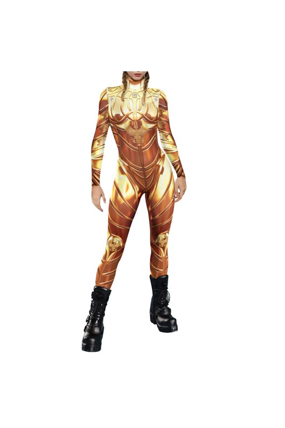 Women Jumpsuit Female Halloween Onesie Sexy Tech Print Long Sleeve Onesie Gold S