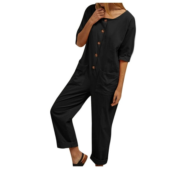 Women Jumpsuit Half Sleeve Loose Fit Harem Jumpsuits Casual Button Harem Playsuits Solid Bib Overalls Crotched Trousers Capri Pants Ladies One Piece Rompers with Pockets