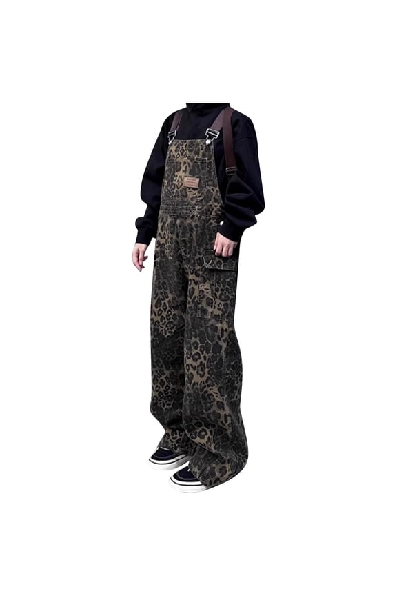 Women Jumpsuit Ladies Retro Street Style Leopard Print Pocket Leisure Loose Fit Wide Leg Overalls Rompers for Women 2024 Coffee XXL