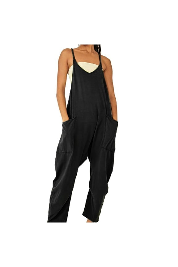 Women Jumpsuit Low Cut V Neck Loose Solid Color Backless Cooling Sleeveless Deep Crotch Summer Jumpsuit for Daily Wear