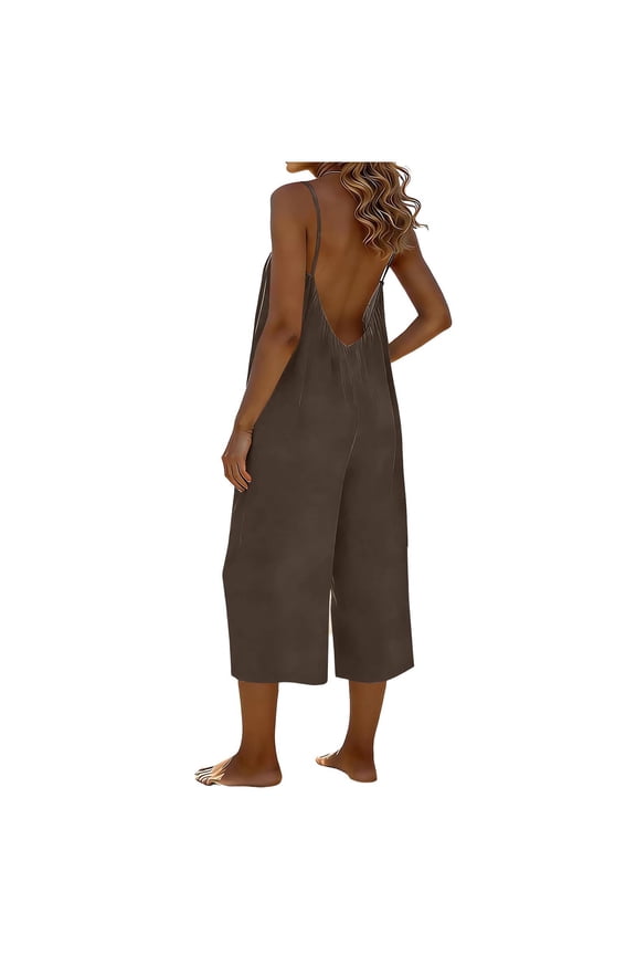 Women Jumpsuit Plus Size Fashion Casual Loose Adjustable Straps Romper Sleeveless Wide Leg Capri Pants Summer Clothes for Women Brown Xxl