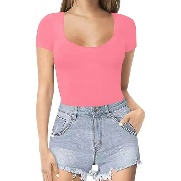 Women Jumpsuit Round Neck Short Sleeve Bodysuit Sexy Basic Solid Color Casual Rompers