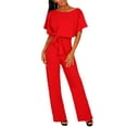thumbnail image 1 of Women Jumpsuit Short Sleeve Hollowed Waist Tie Summer Wide Leg Pants, 1 of 4