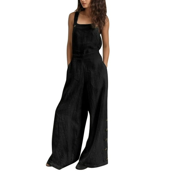 Women Jumpsuit Solid Bib Leg Pants Sleeveless Overalls Summer Casual Wide Jumpsuit