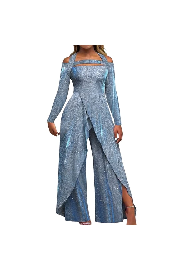 Women Jumpsuit Solid Color V Neck Elegant Wedding Party Wide Leg Regular Fit Long Sleeve Dress Rompers