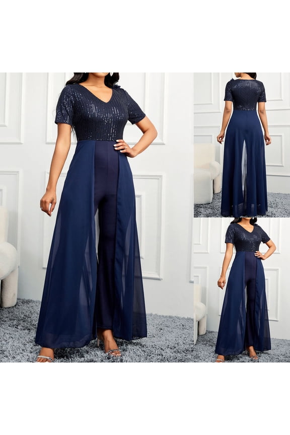 Women Jumpsuit, V-Neck Evening Gown, Banquet Party Dress, Formal Cocktail Wear, Stretchy Flowy Romper, Wedding Guest Outfit, Elegant Dinner Attire | HAODEJW,Navy L