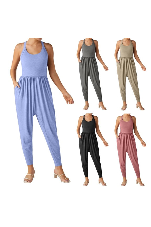 Women Jumpsuits 2026 Summer Sleeveless Backless Tank Top Rompers Yoga Gym Workout Jumper One Piece Outfits Black L