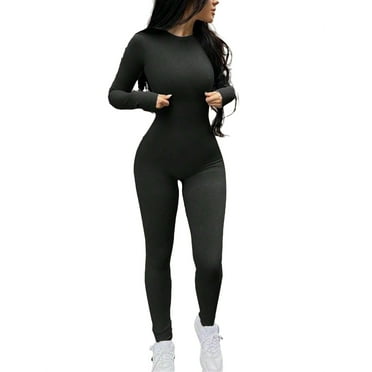 Women Jumpsuits Black Colour Plain Round Neck Unitard Long Sleeve Casual