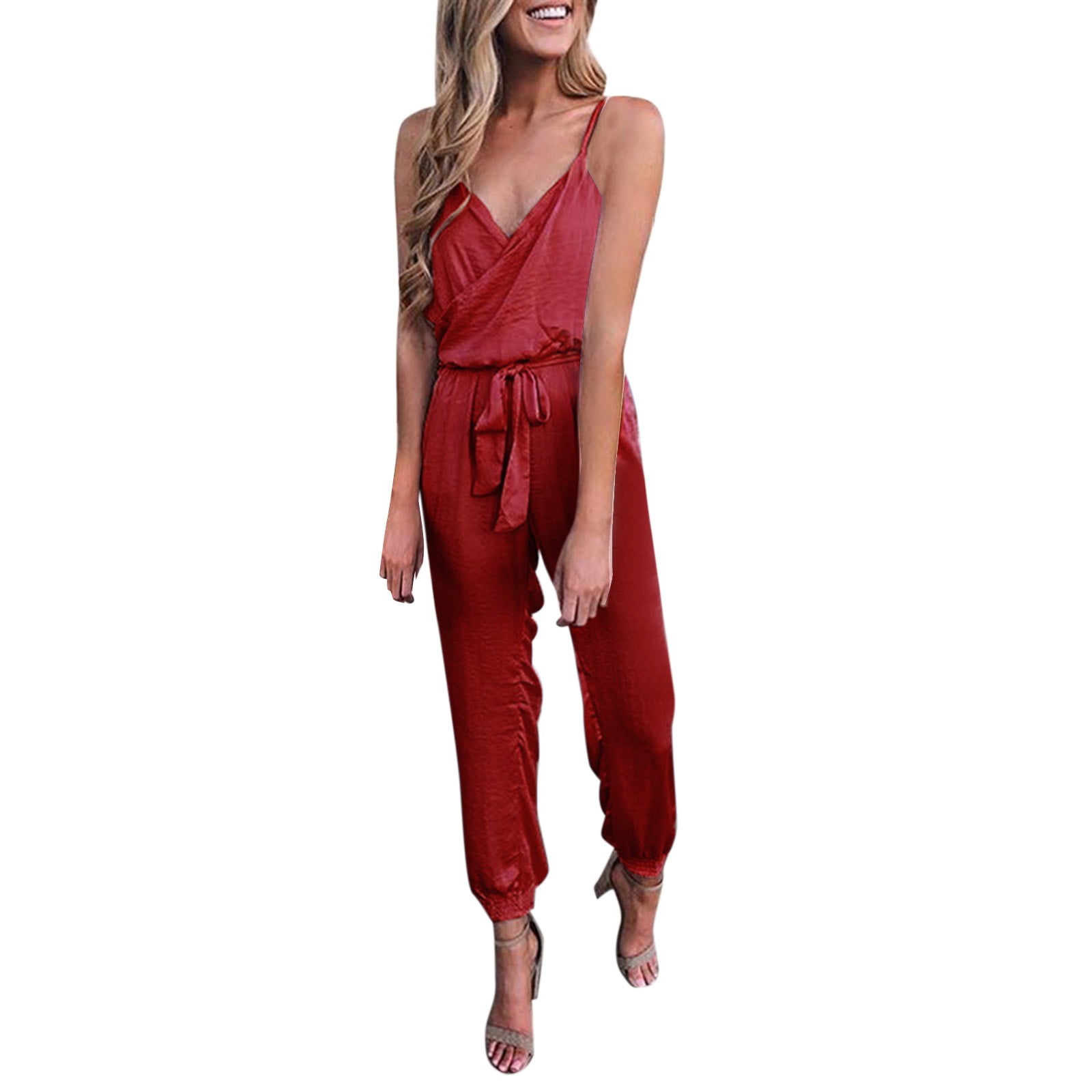 Women's Casual Solid Pocket Strap Jumpsuit Jogging Jumpsuit Dressy Rompers  for Women (Red, M)
