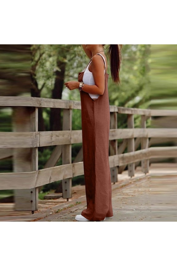 Women Jumpsuits Casual Summer Boho Cotton Wide Leg Overalls Floral Print Baggy Rompers with Pockets Coffee L