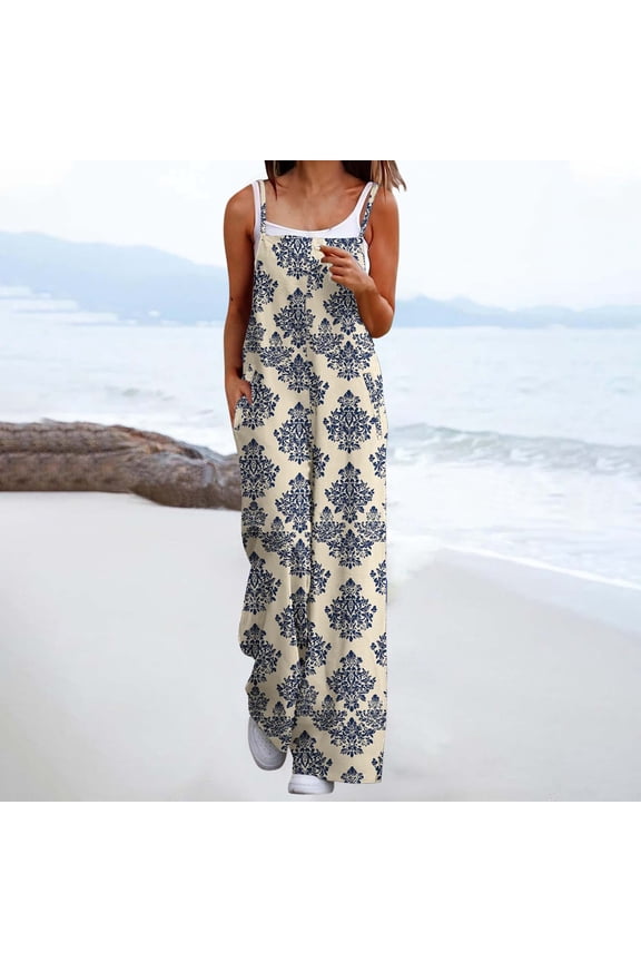 Women Jumpsuits on Under $5! Cagogo Women's Summer Boho Casual Jumpsuits Wide Leg Overalls Floral Print Baggy Rompers Sleeveless One Piece Wide Leg Pant Overalls with Pockets