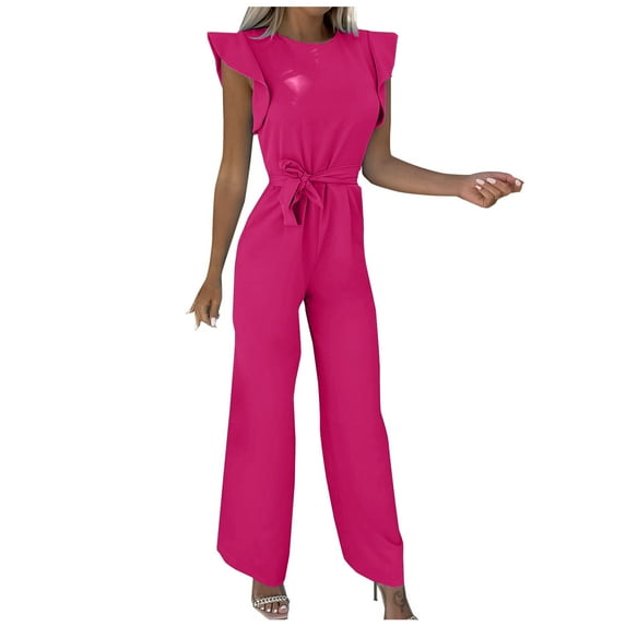 Women Jumpsuits Crew Neck Ruffle Cap Sleeve Belted High Waist Wide Leg Romper with Pockets One Piece Casual Outfits